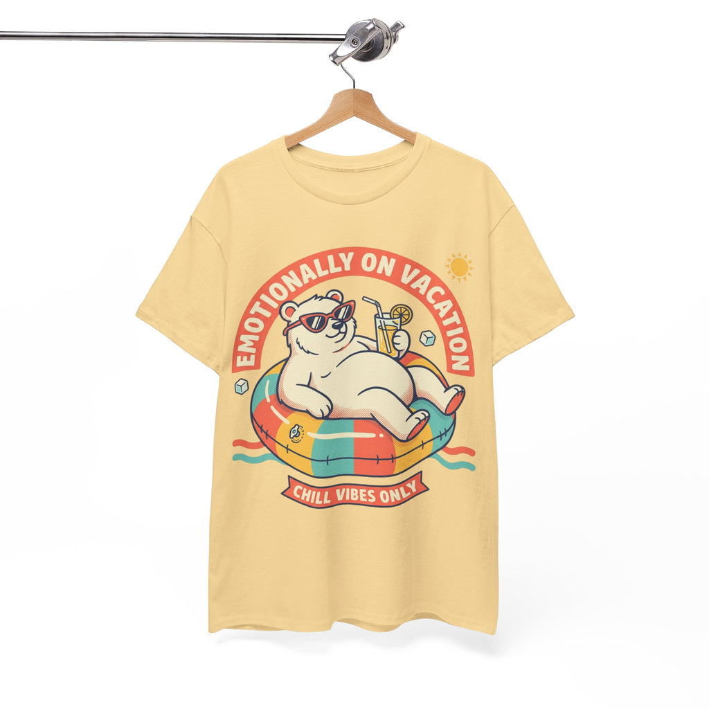 T-Shirt — "Emotionally On Vacation" Chill Vibes Tee (Back: Resting Rich Face)