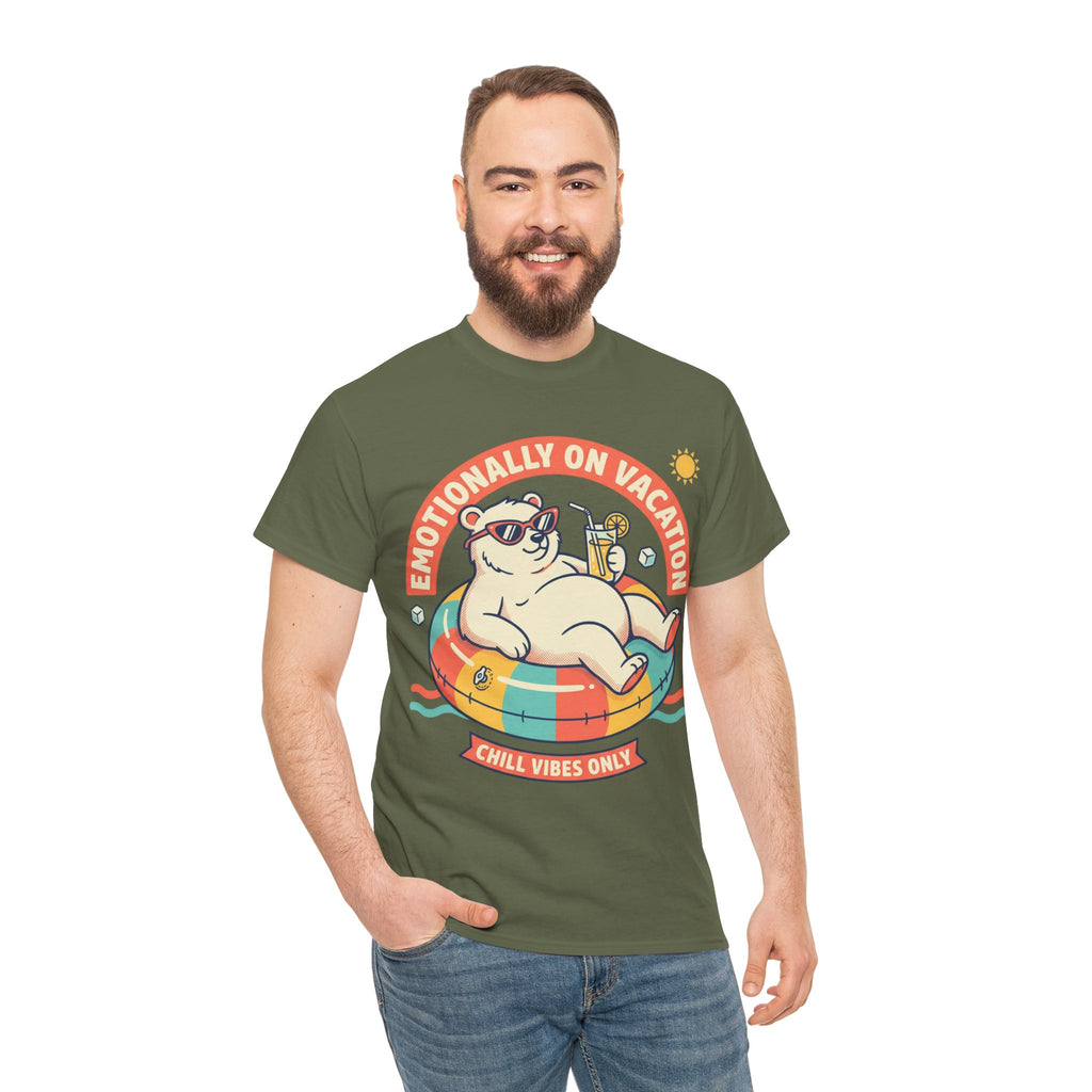 T-Shirt — "Emotionally On Vacation" Chill Vibes Tee (Back: Resting Rich Face)