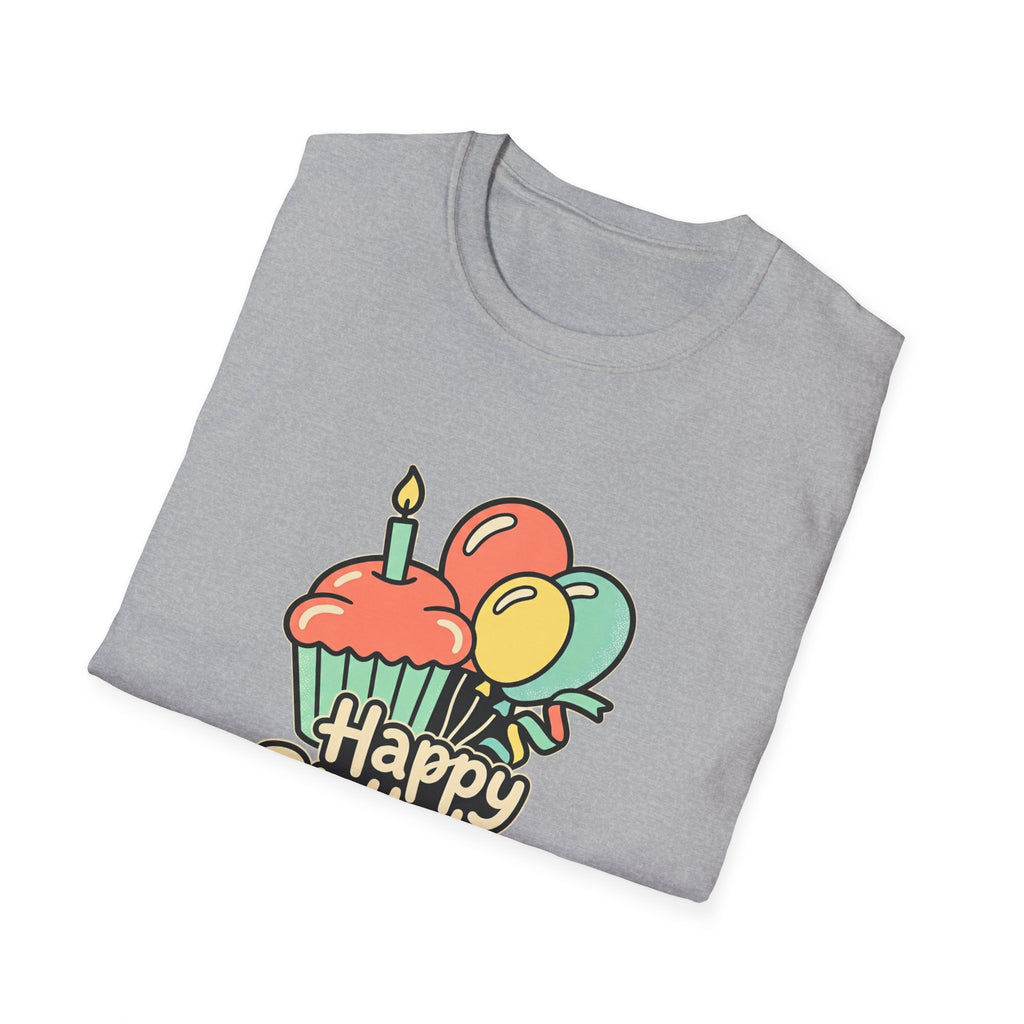 Birthday Cupcake T-Shirt — "Happy Birthday" with Balloons & "Happiness Over Perfection" Back