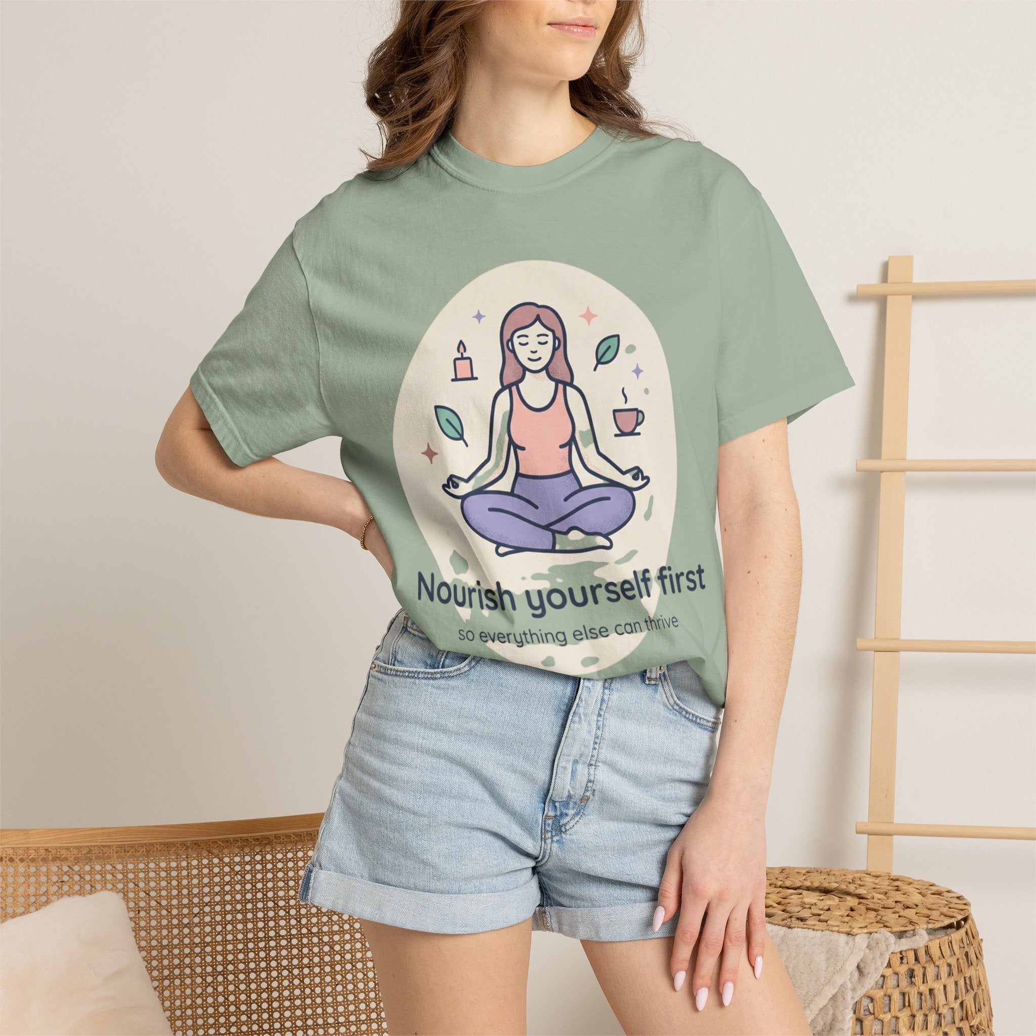 Self-Care T-Shirt — "Nourish Yourself First" Meditation Tee (Good Vibes Only)