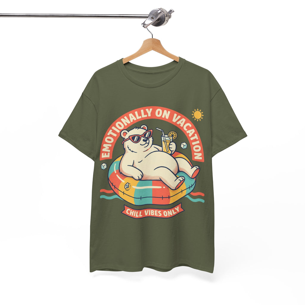 T-Shirt — "Emotionally On Vacation" Chill Vibes Tee (Back: Resting Rich Face)