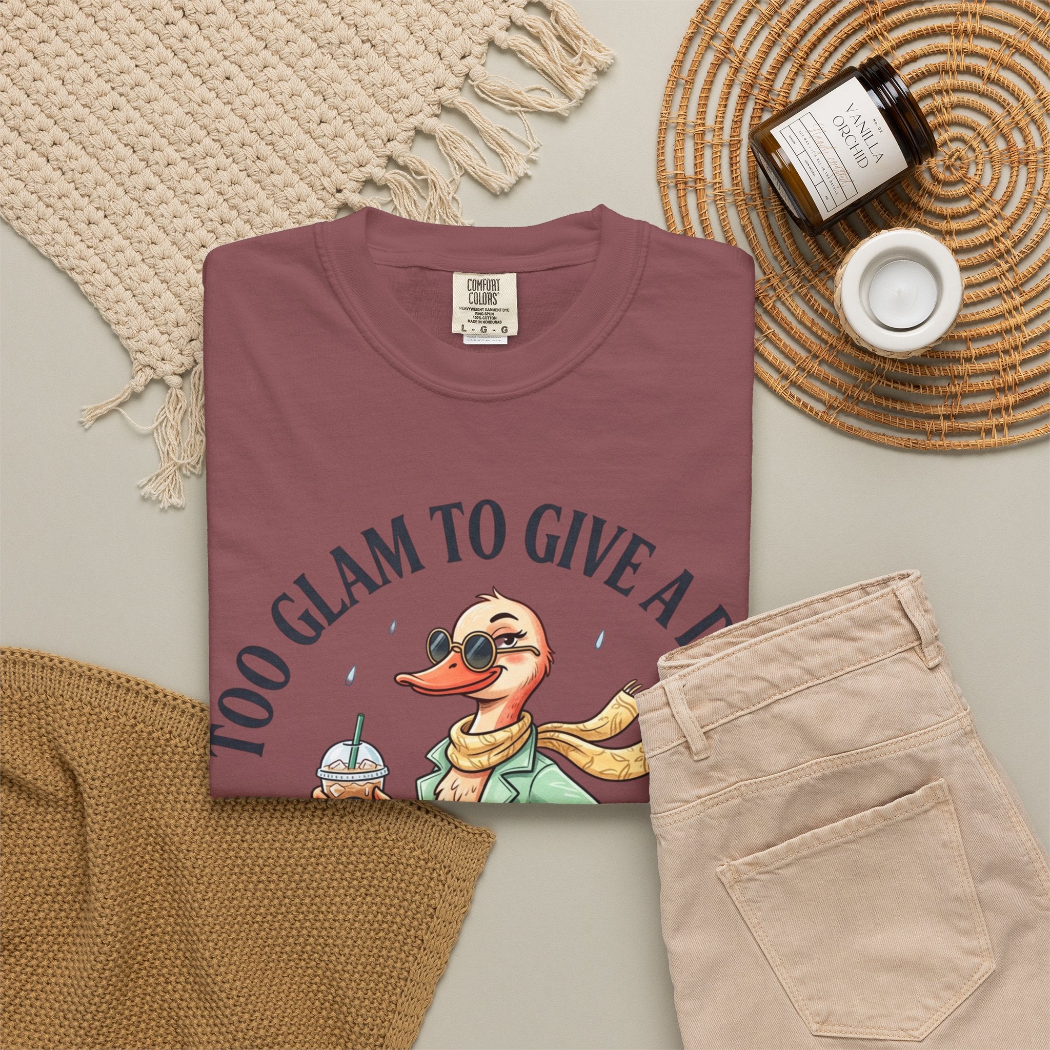 Duck Graphic T-Shirt — "Too Glam to Give a Damn" | No Ducks Given Back Print