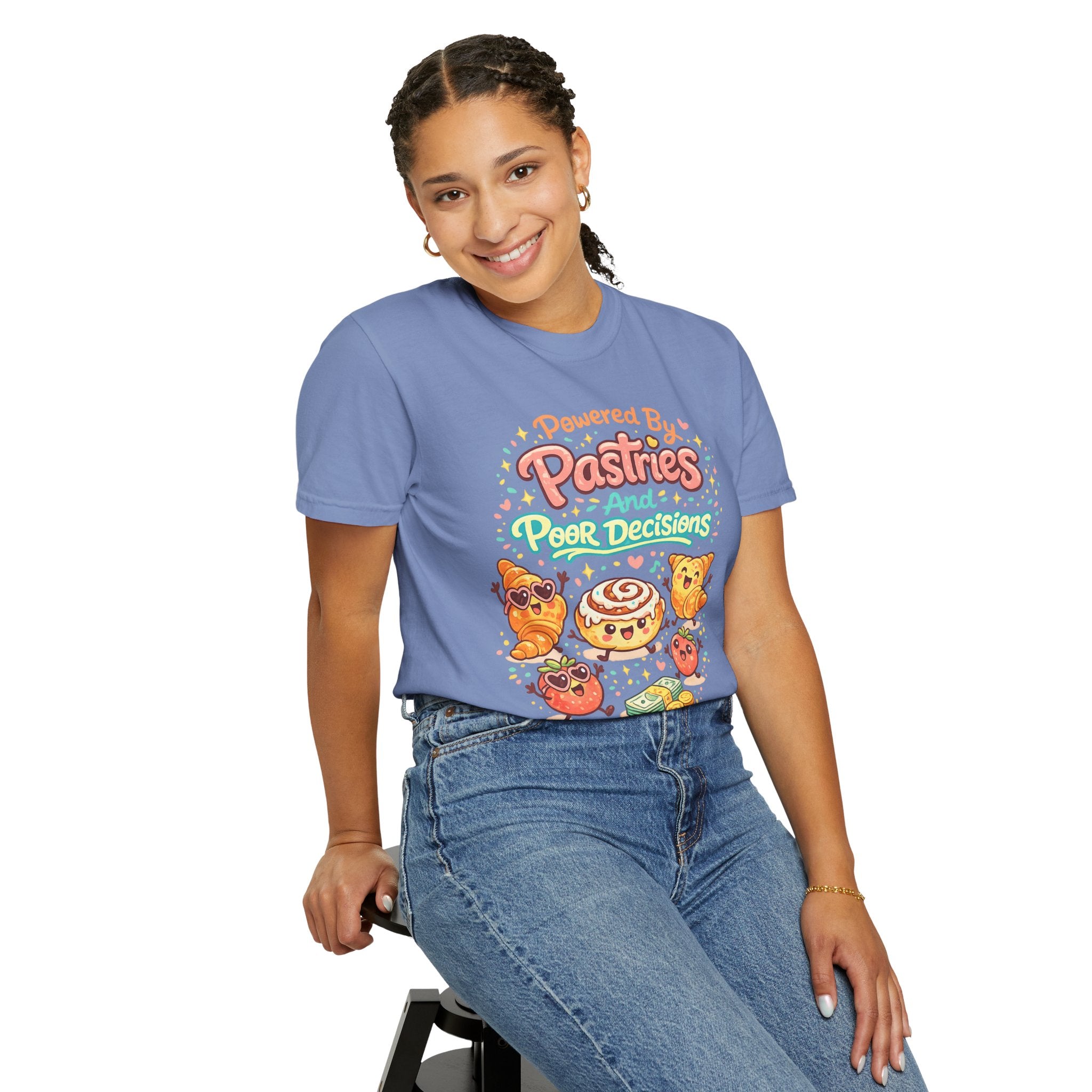 Pastry Power T-Shirt — “Powered by Pastries and Poor Decisions” Cute Baked Goods Graphic Tee