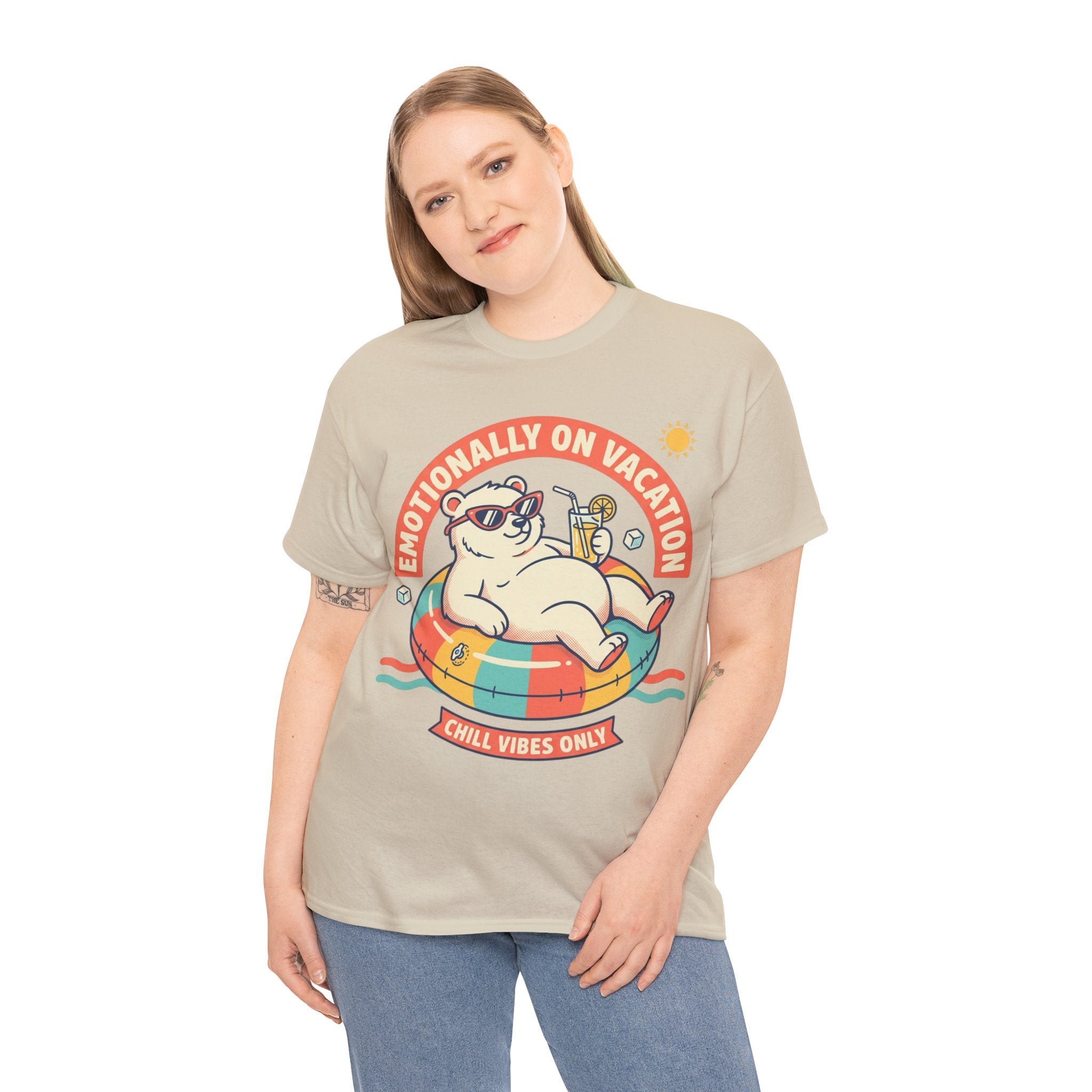 T-Shirt — "Emotionally On Vacation" Chill Vibes Tee (Back: Resting Rich Face)