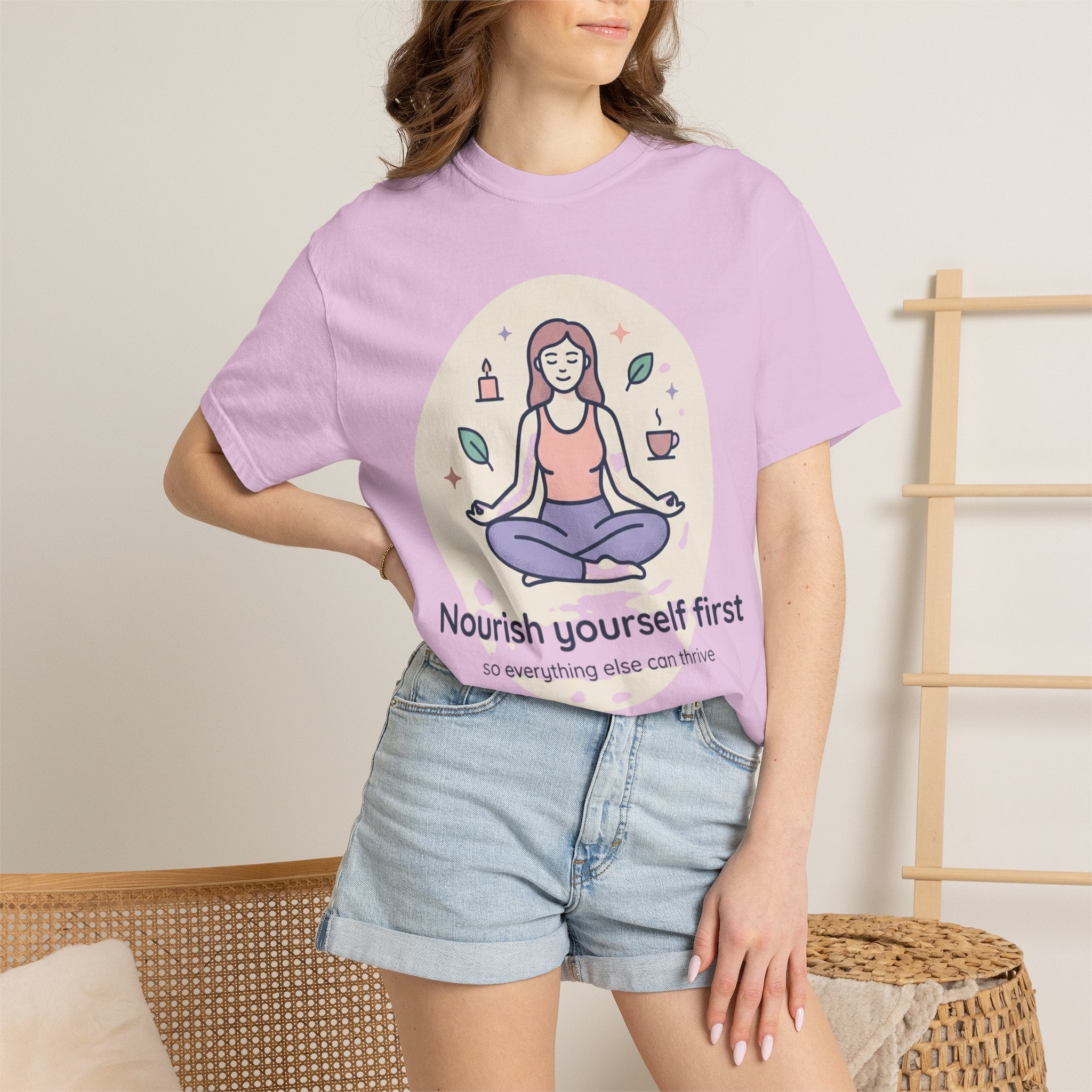 Self-Care T-Shirt — "Nourish Yourself First" Meditation Tee (Good Vibes Only)