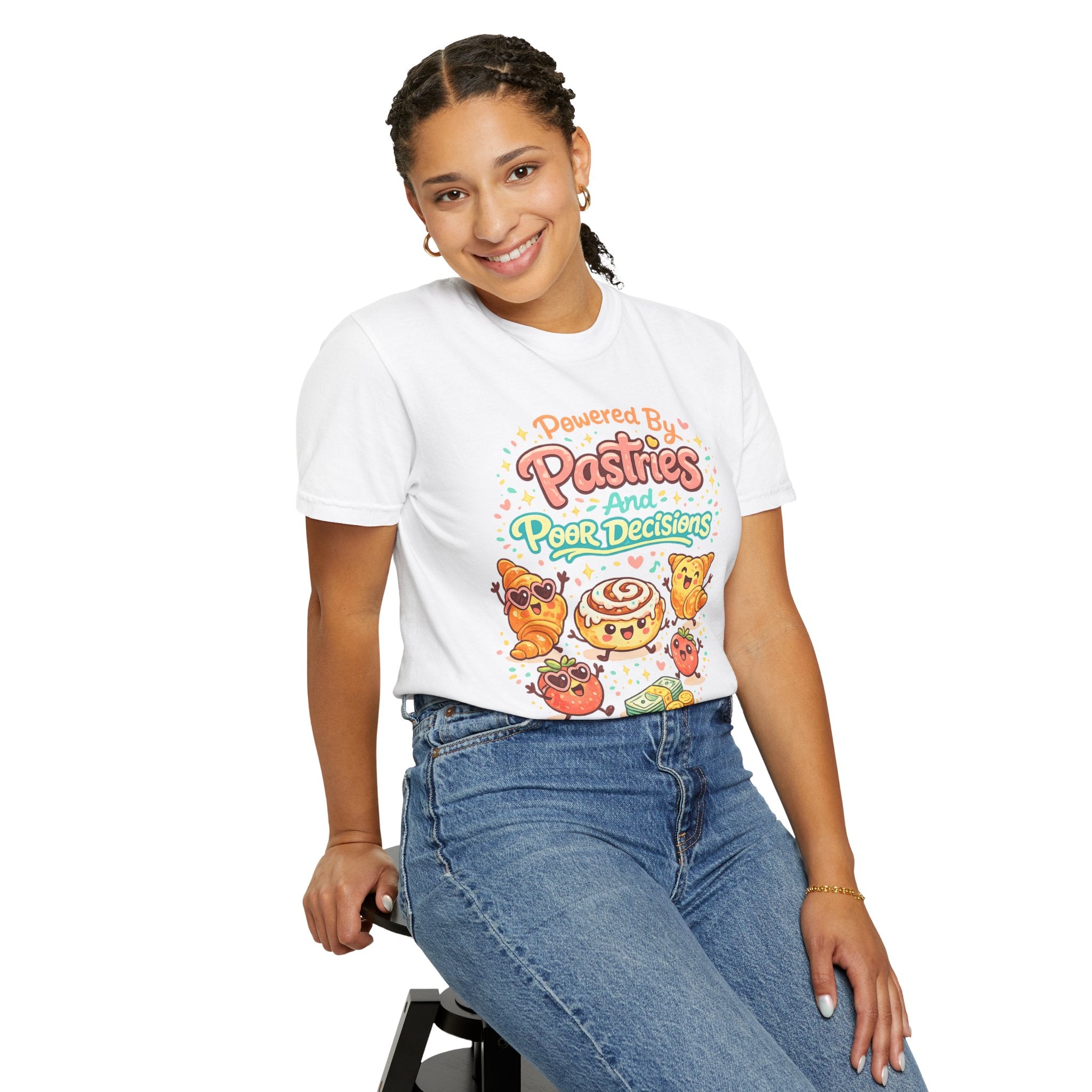 Pastry Power T-Shirt — “Powered by Pastries and Poor Decisions” Cute Baked Goods Graphic Tee