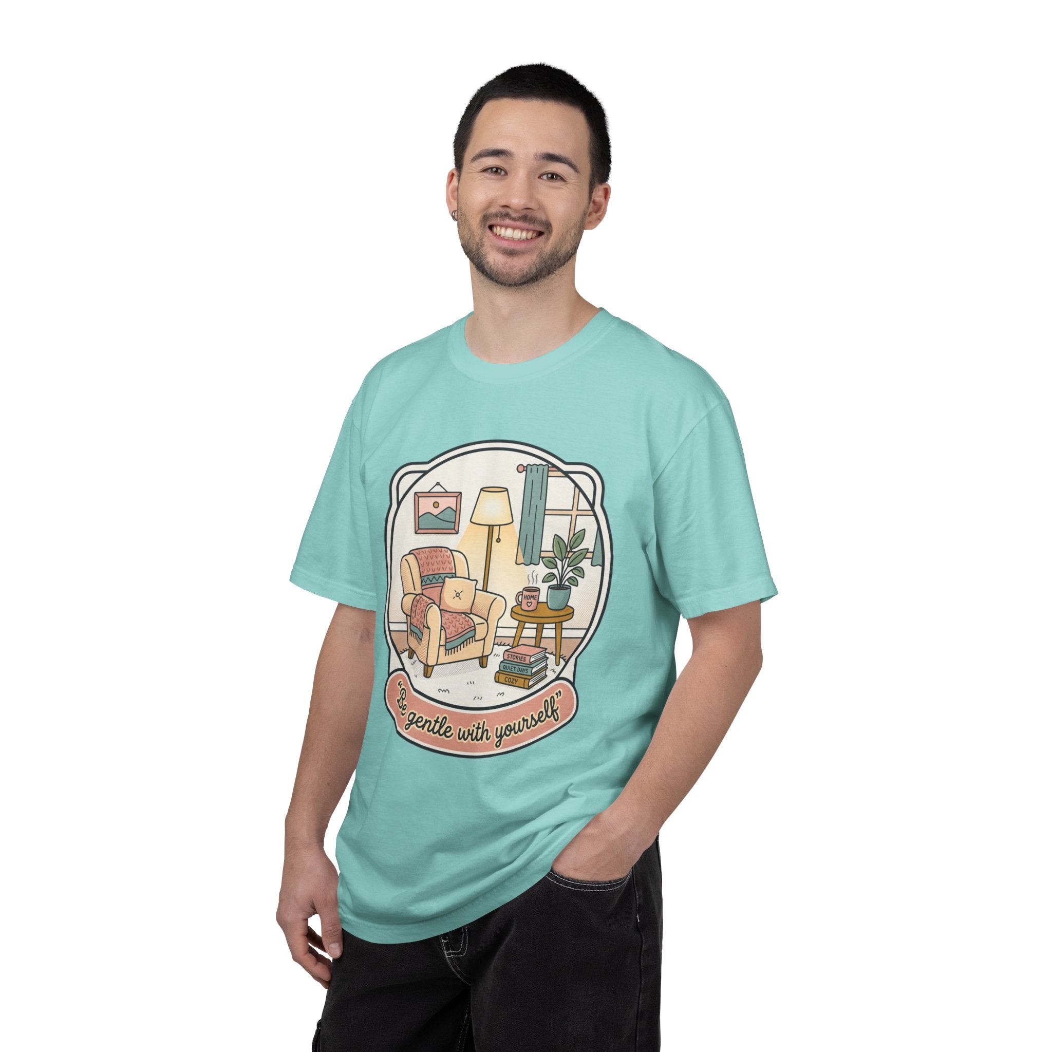Be Gentle With Yourself T-Shirt — Cozy Living Room Self-Care Tee