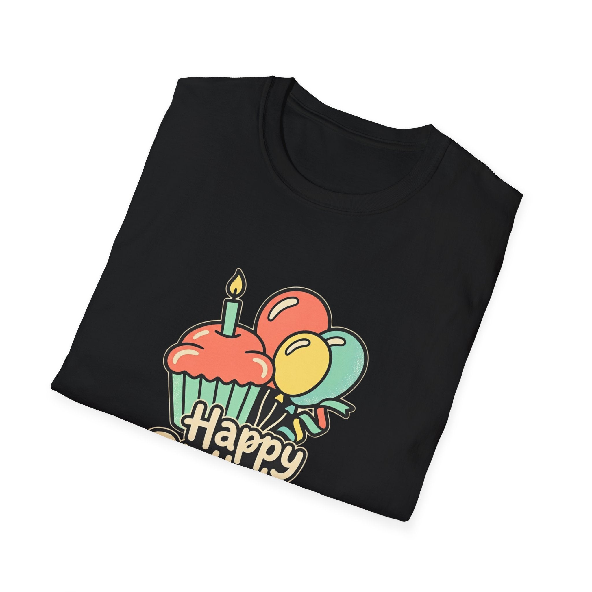 Birthday Cupcake T-Shirt — "Happy Birthday" with Balloons & "Happiness Over Perfection" Back