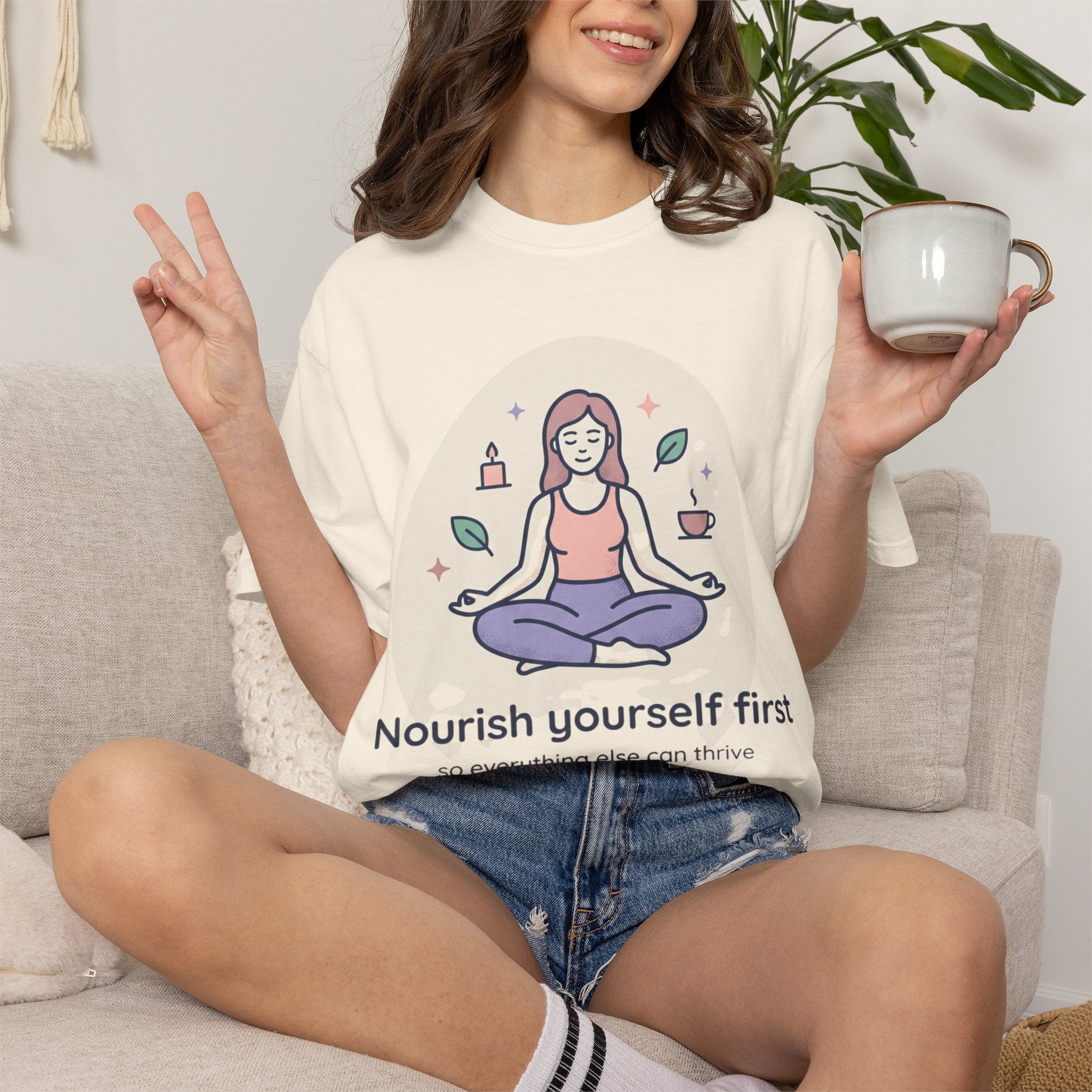 Self-Care T-Shirt — "Nourish Yourself First" Meditation Tee (Good Vibes Only)