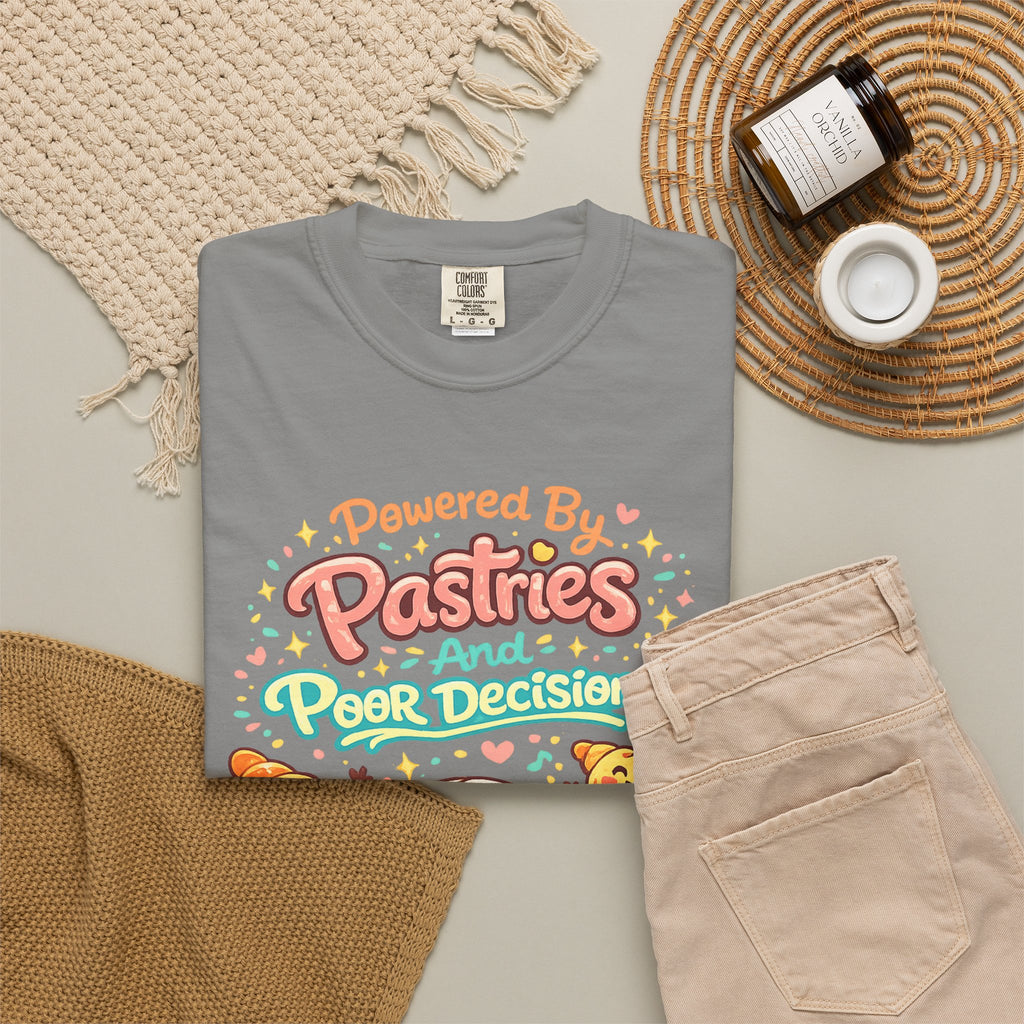Pastry Power T-Shirt — “Powered by Pastries and Poor Decisions” Cute Baked Goods Graphic Tee
