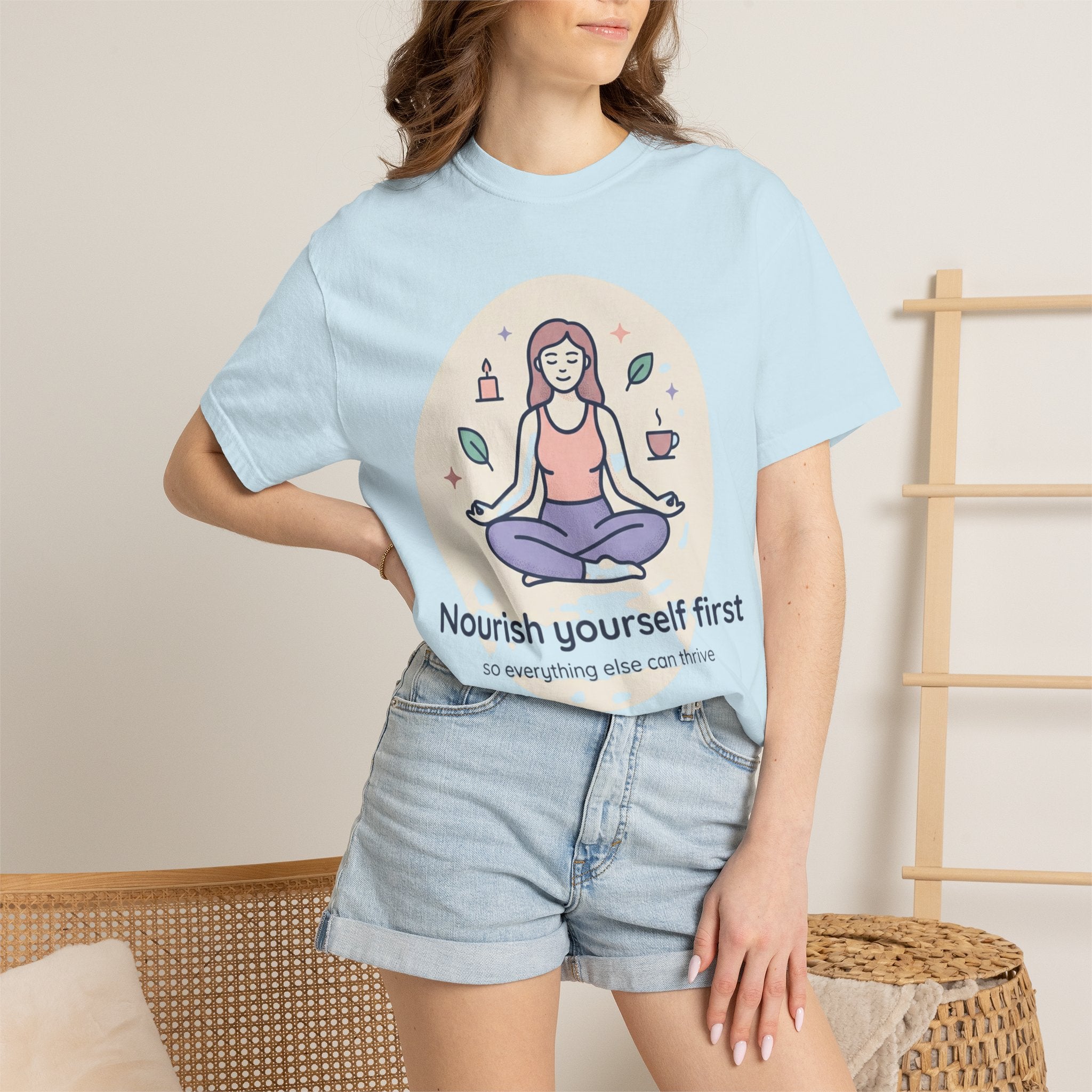 Self-Care T-Shirt — "Nourish Yourself First" Meditation Tee (Good Vibes Only)