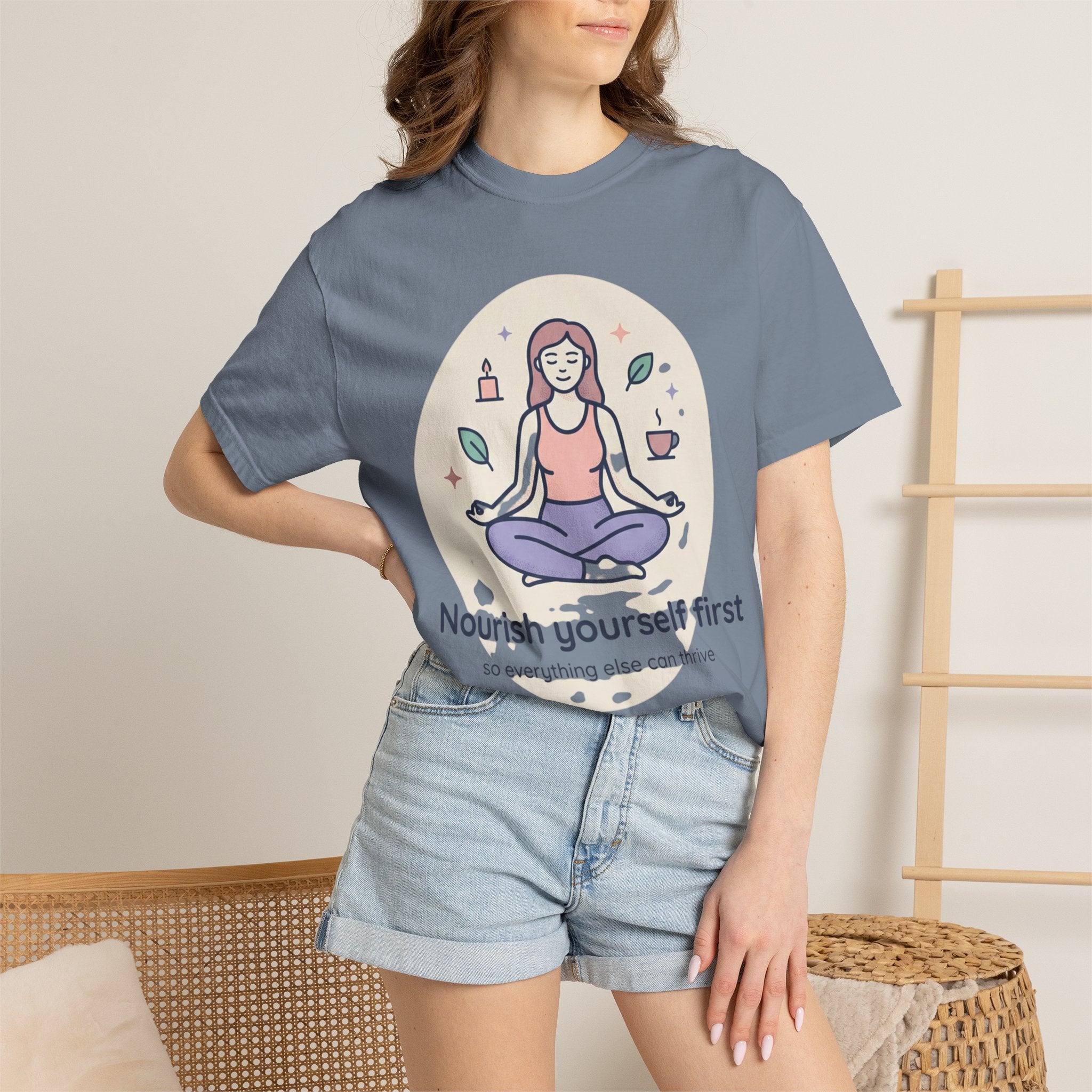 Self-Care T-Shirt — "Nourish Yourself First" Meditation Tee (Good Vibes Only)