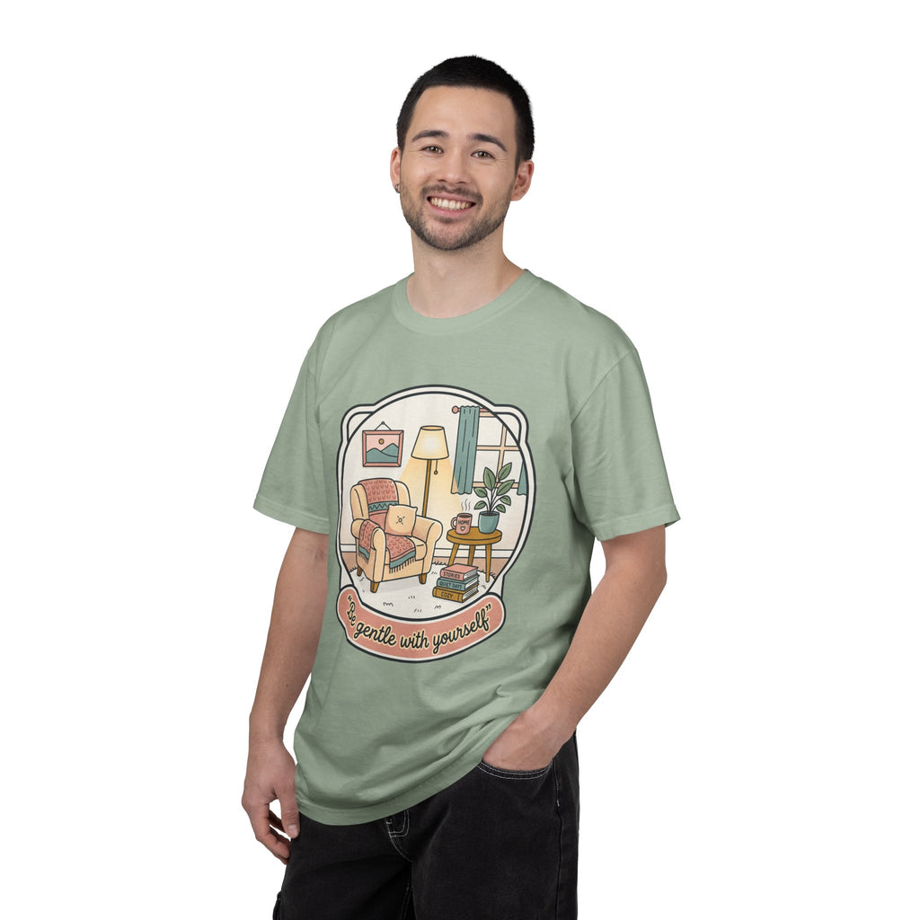 Be Gentle With Yourself T-Shirt — Cozy Living Room Self-Care Tee