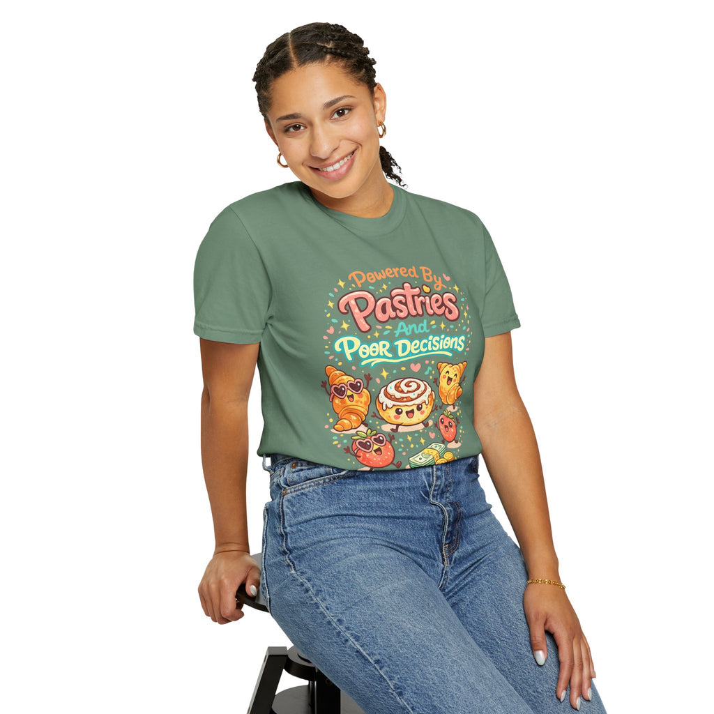 Pastry Power T-Shirt — “Powered by Pastries and Poor Decisions” Cute Baked Goods Graphic Tee