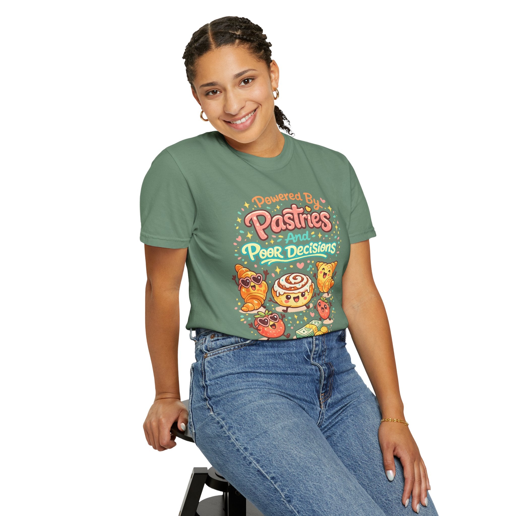 Pastry Power T-Shirt — “Powered by Pastries and Poor Decisions” Cute Baked Goods Graphic Tee
