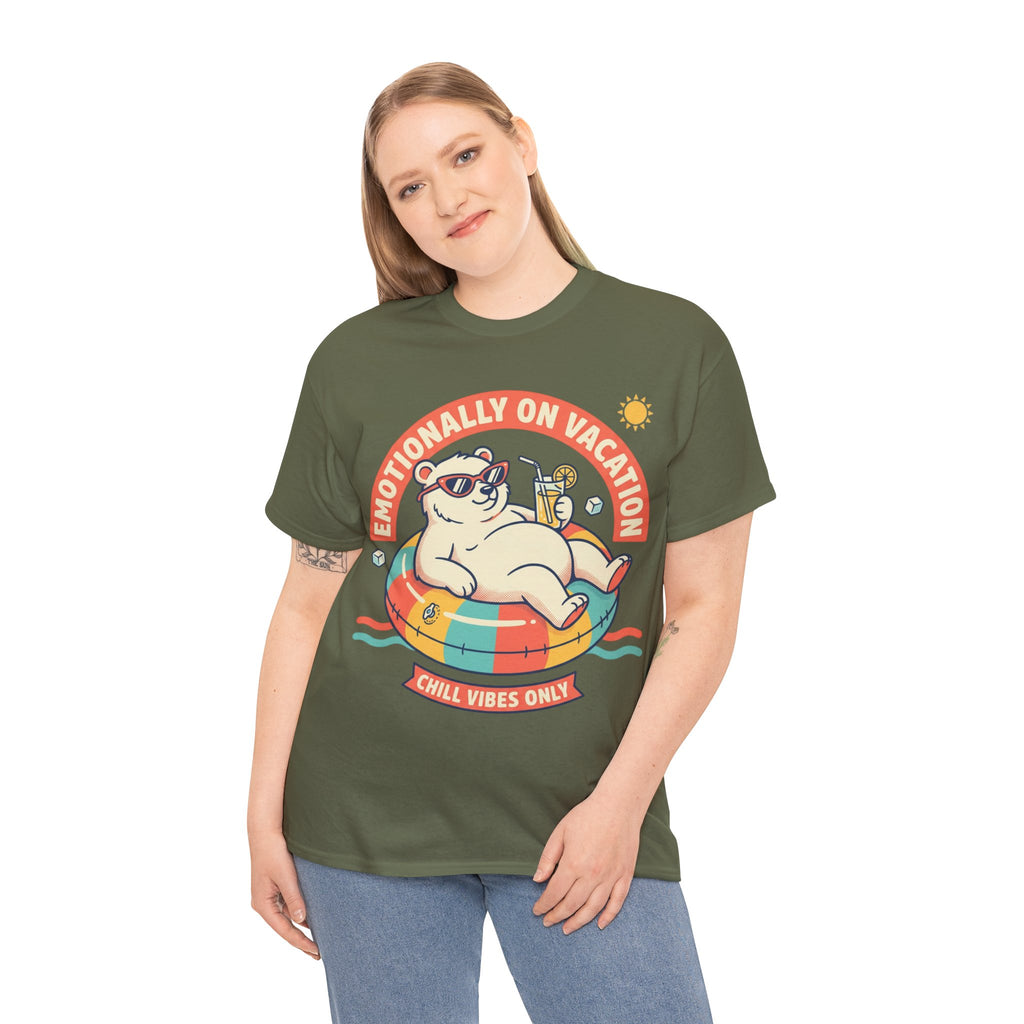 T-Shirt — "Emotionally On Vacation" Chill Vibes Tee (Back: Resting Rich Face)