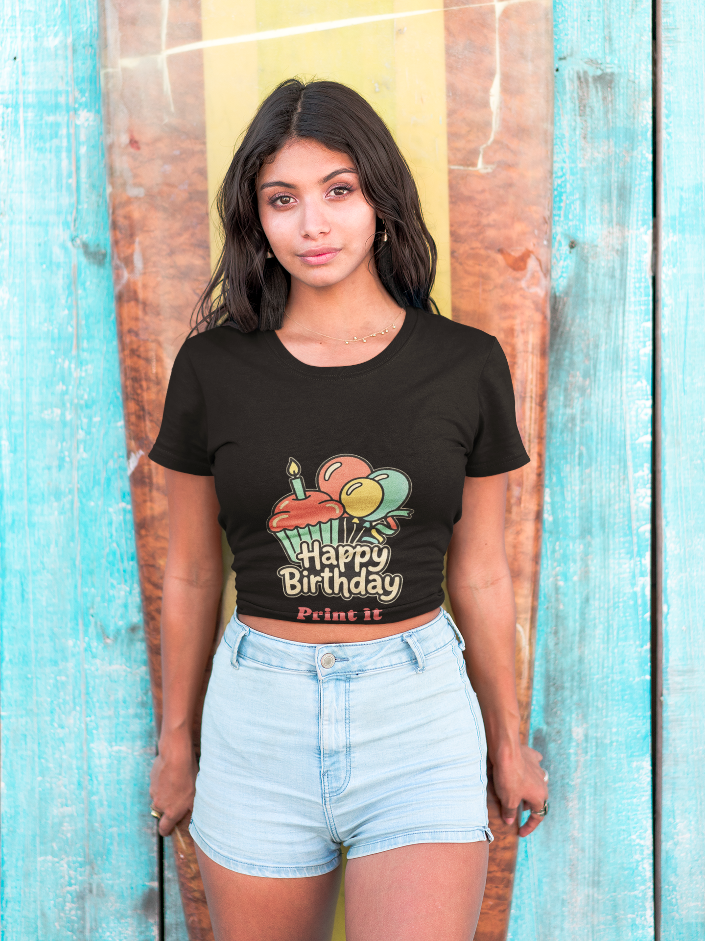 Birthday Cupcake T-Shirt — "Happy Birthday" with Balloons & "Happiness Over Perfection" Back