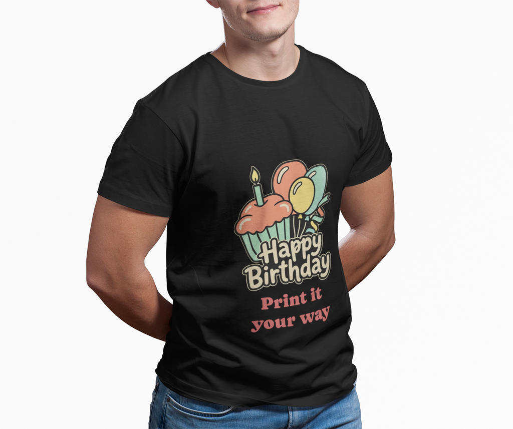 Birthday Cupcake T-Shirt — "Happy Birthday" with Balloons & "Happiness Over Perfection" Back