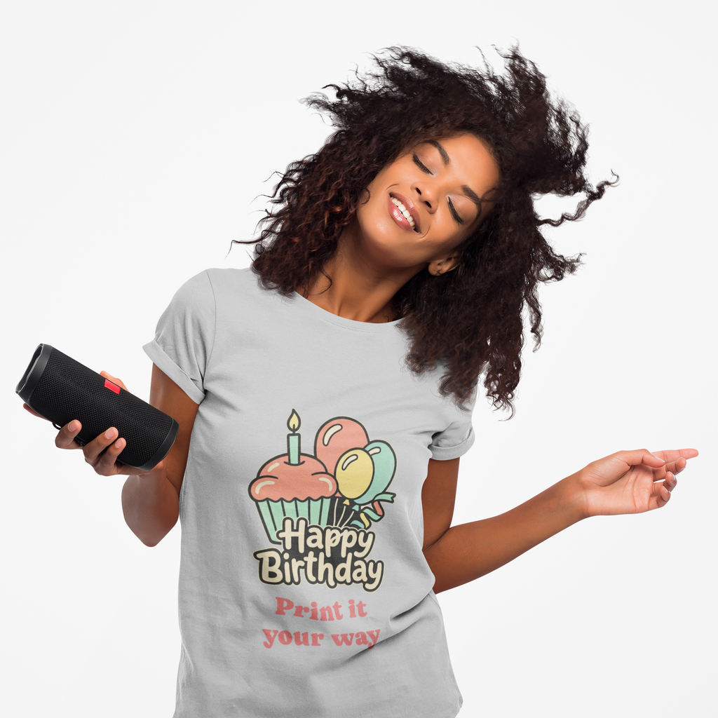 Birthday Cupcake T-Shirt — "Happy Birthday" with Balloons & "Happiness Over Perfection" Back