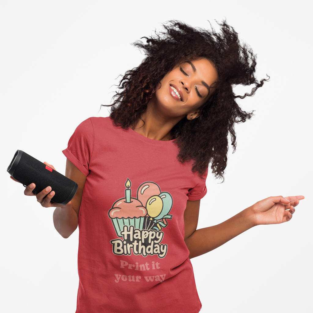 Birthday Cupcake T-Shirt — "Happy Birthday" with Balloons & "Happiness Over Perfection" Back