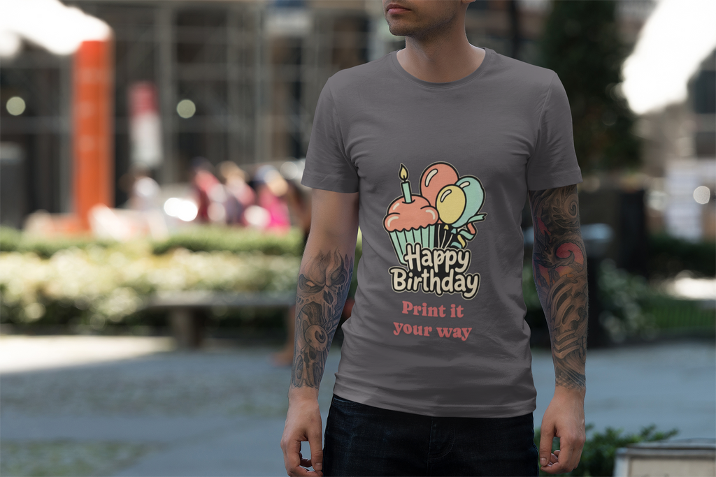 Birthday Cupcake T-Shirt — "Happy Birthday" with Balloons & "Happiness Over Perfection" Back
