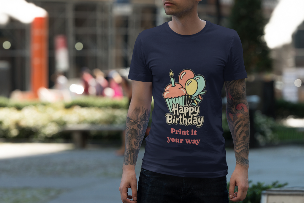 Birthday Cupcake T-Shirt — "Happy Birthday" with Balloons & "Happiness Over Perfection" Back