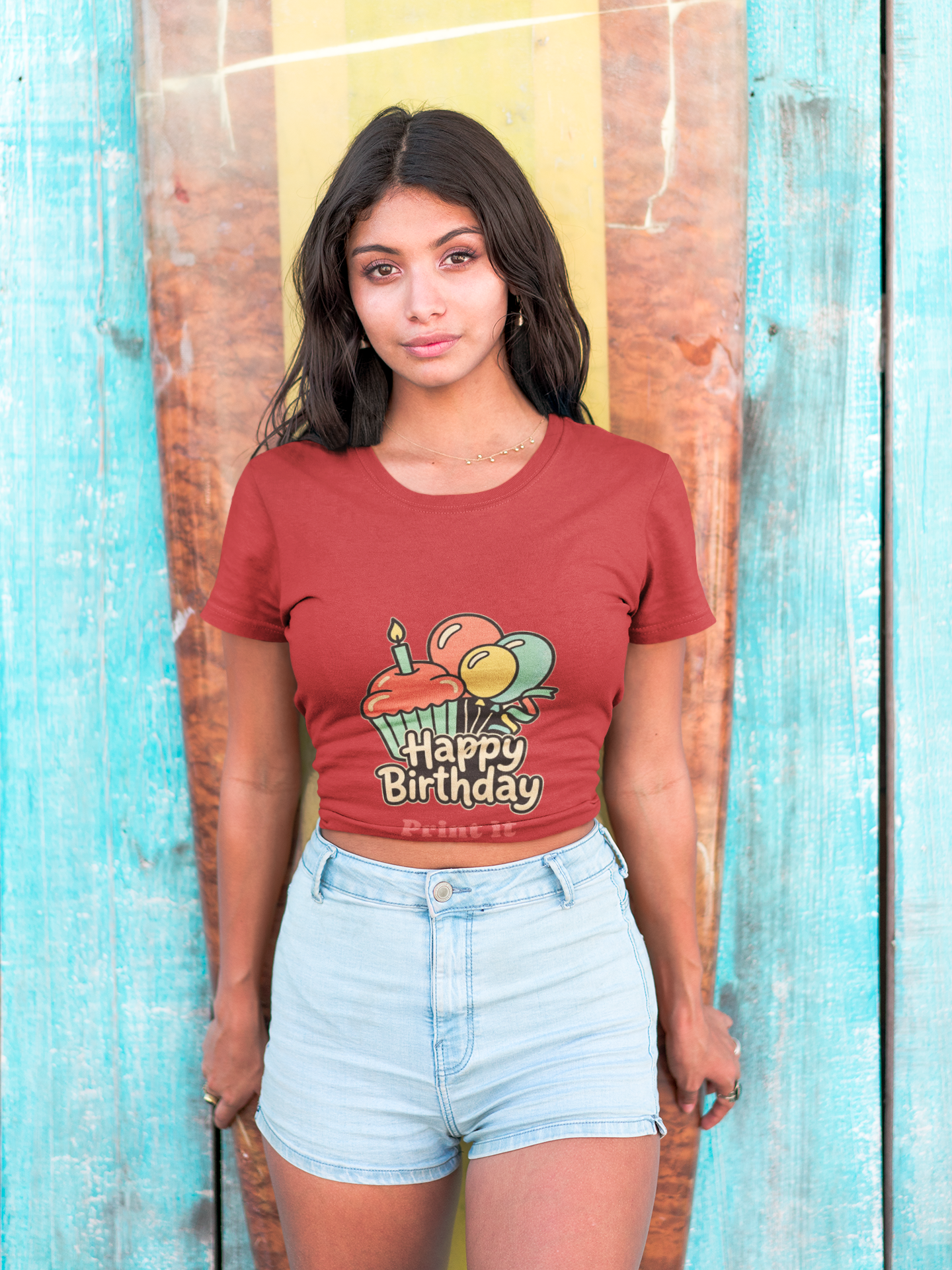 Birthday Cupcake T-Shirt — "Happy Birthday" with Balloons & "Happiness Over Perfection" Back