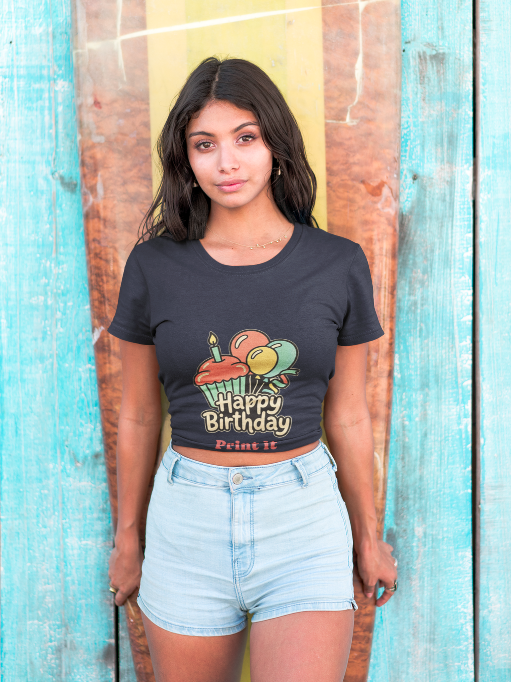 Birthday Cupcake T-Shirt — "Happy Birthday" with Balloons & "Happiness Over Perfection" Back