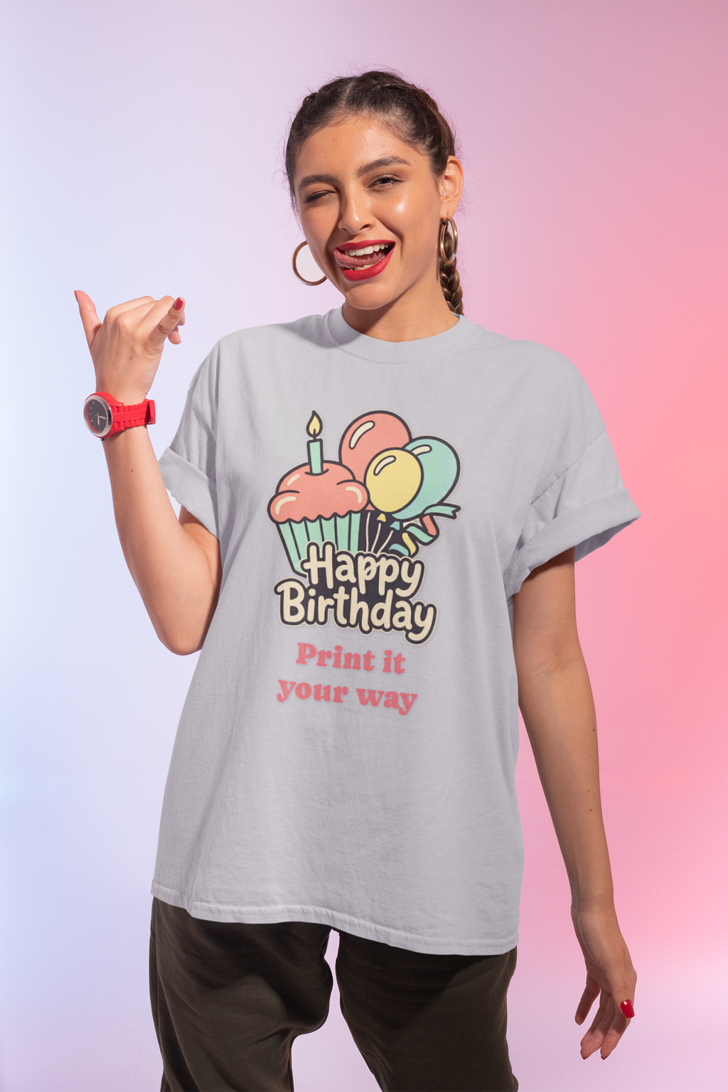 Birthday Cupcake T-Shirt — "Happy Birthday" with Balloons & "Happiness Over Perfection" Back
