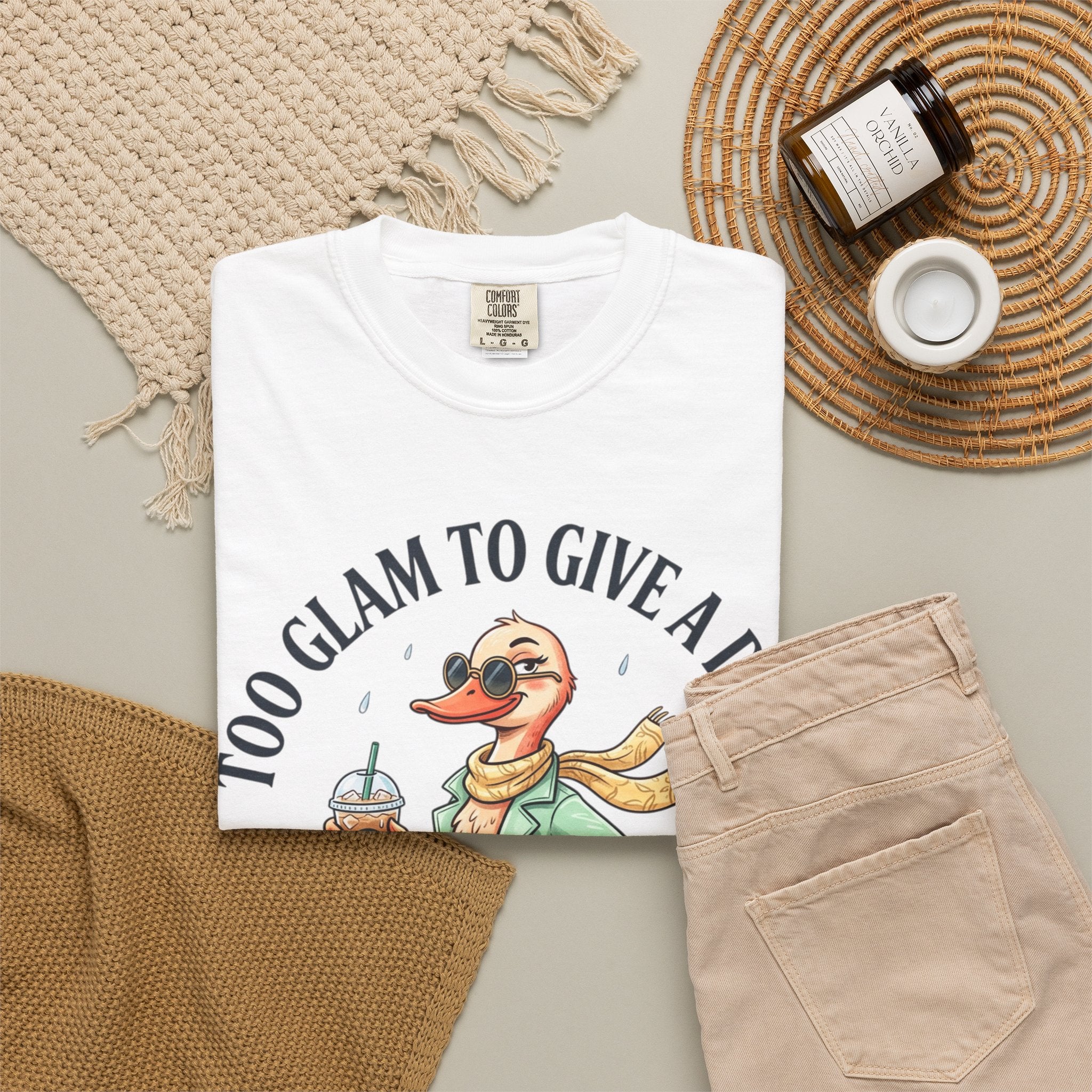Duck Graphic T-Shirt — "Too Glam to Give a Damn" | No Ducks Given Back Print