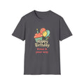 Birthday Cupcake T-Shirt — "Happy Birthday" with Balloons & "Happiness Over Perfection" Back