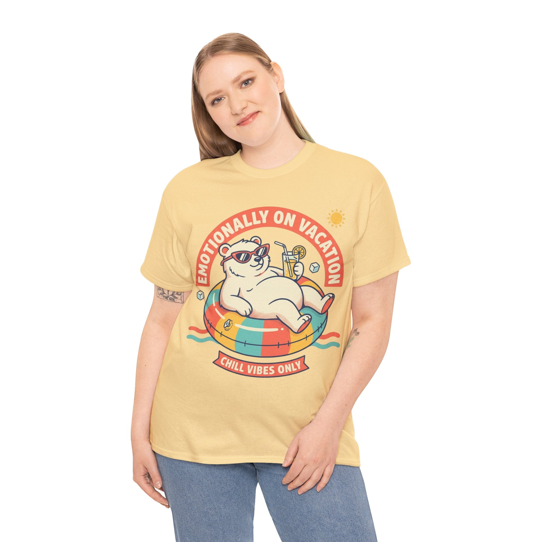 T-Shirt — "Emotionally On Vacation" Chill Vibes Tee (Back: Resting Rich Face)