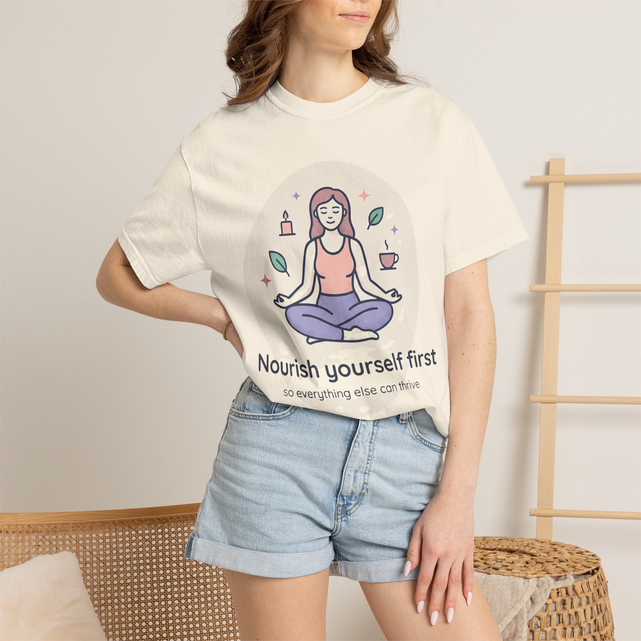 Self-Care T-Shirt — "Nourish Yourself First" Meditation Tee (Good Vibes Only)