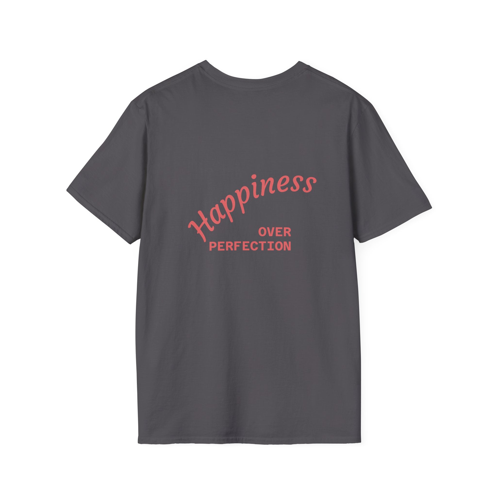 Birthday Cupcake T-Shirt — "Happy Birthday" with Balloons & "Happiness Over Perfection" Back