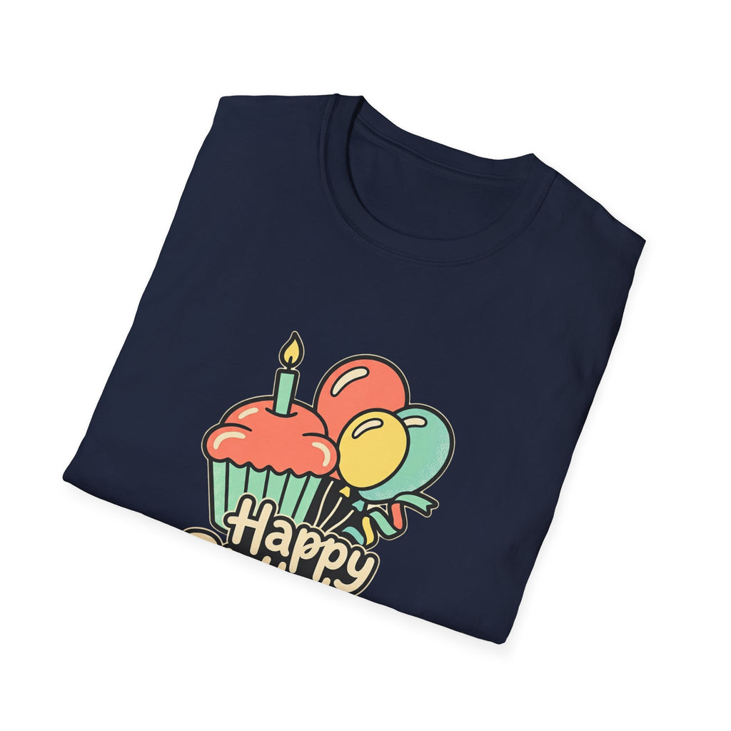 Birthday Cupcake T-Shirt — "Happy Birthday" with Balloons & "Happiness Over Perfection" Back