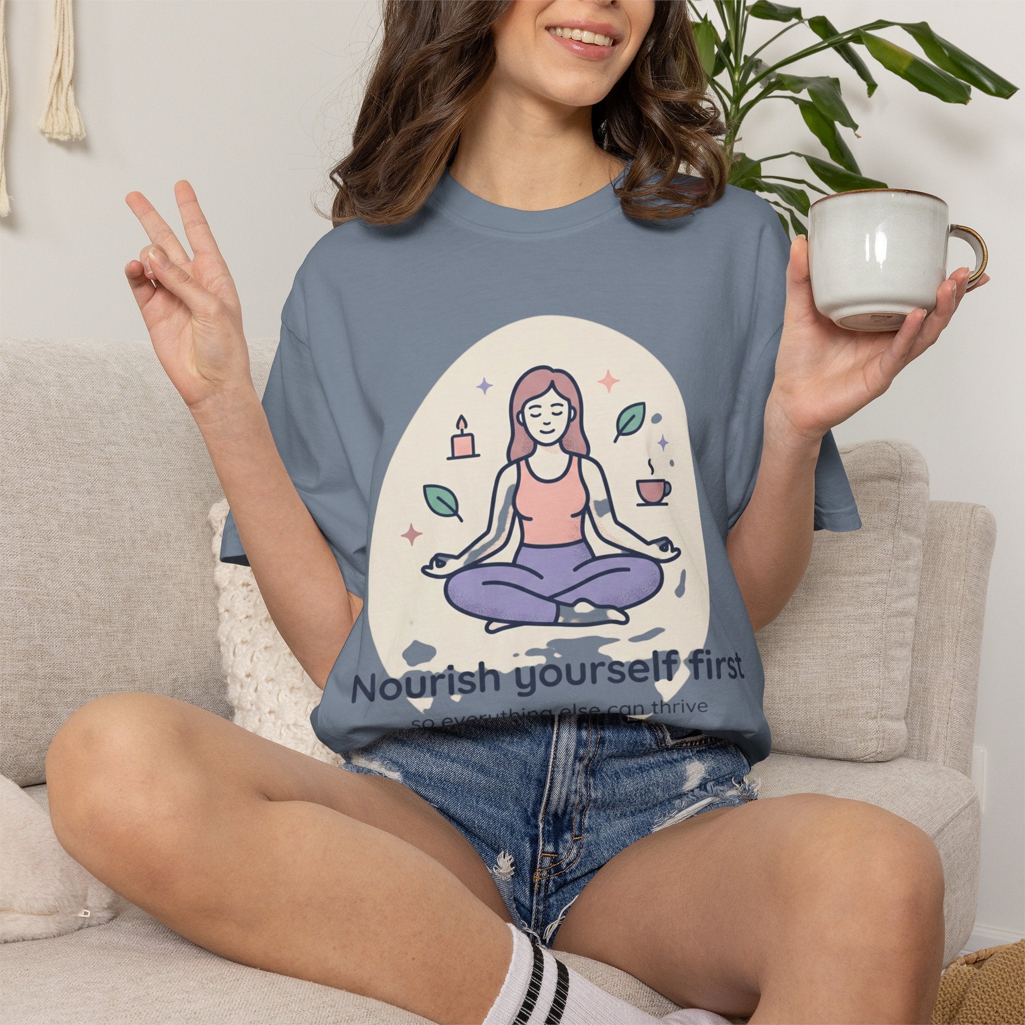 Self-Care T-Shirt — "Nourish Yourself First" Meditation Tee (Good Vibes Only)