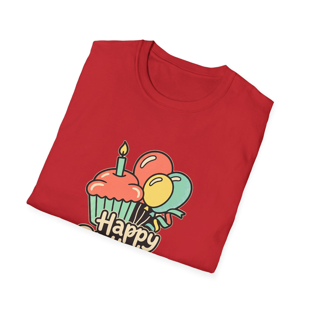 Birthday Cupcake T-Shirt — "Happy Birthday" with Balloons & "Happiness Over Perfection" Back