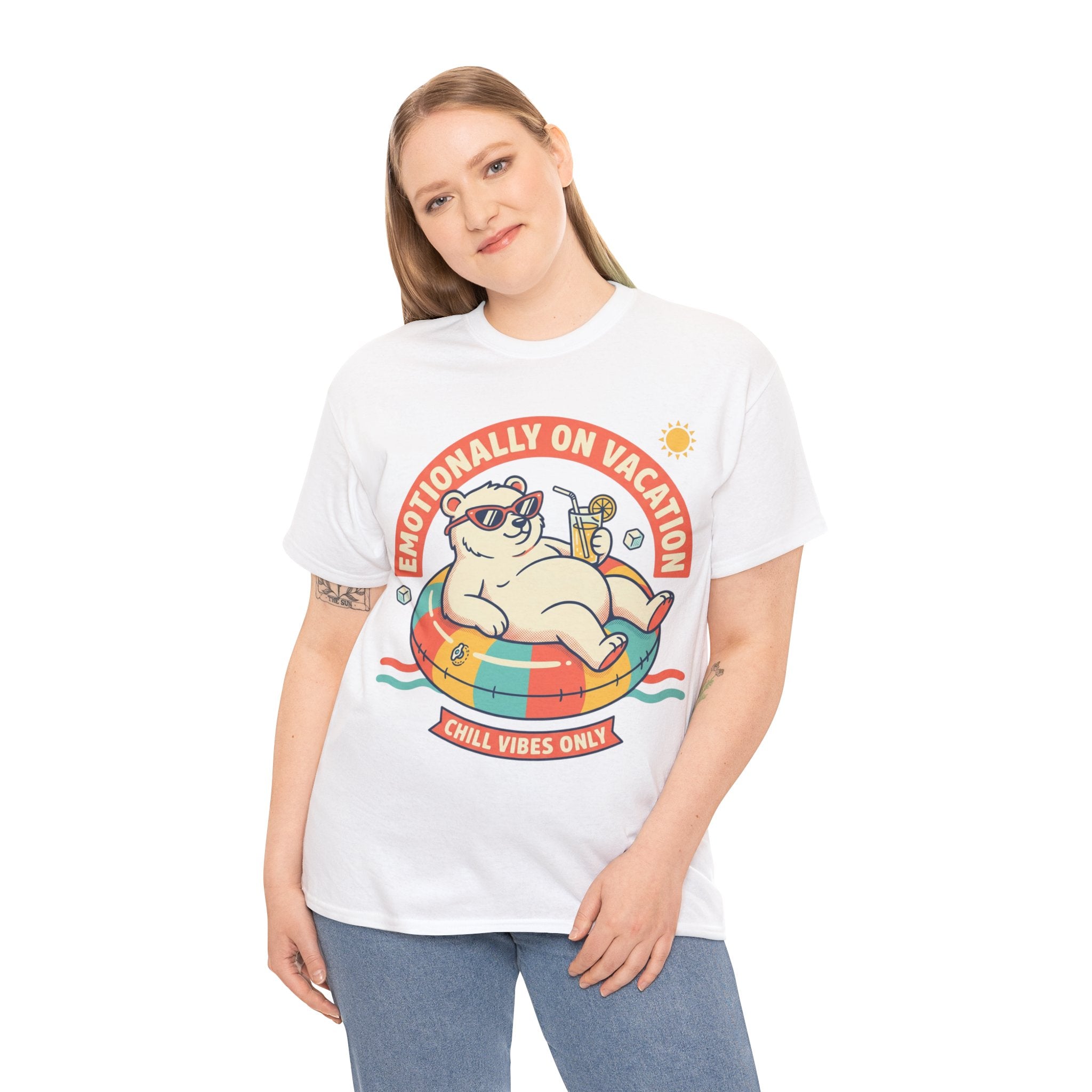 T-Shirt — "Emotionally On Vacation" Chill Vibes Tee (Back: Resting Rich Face)