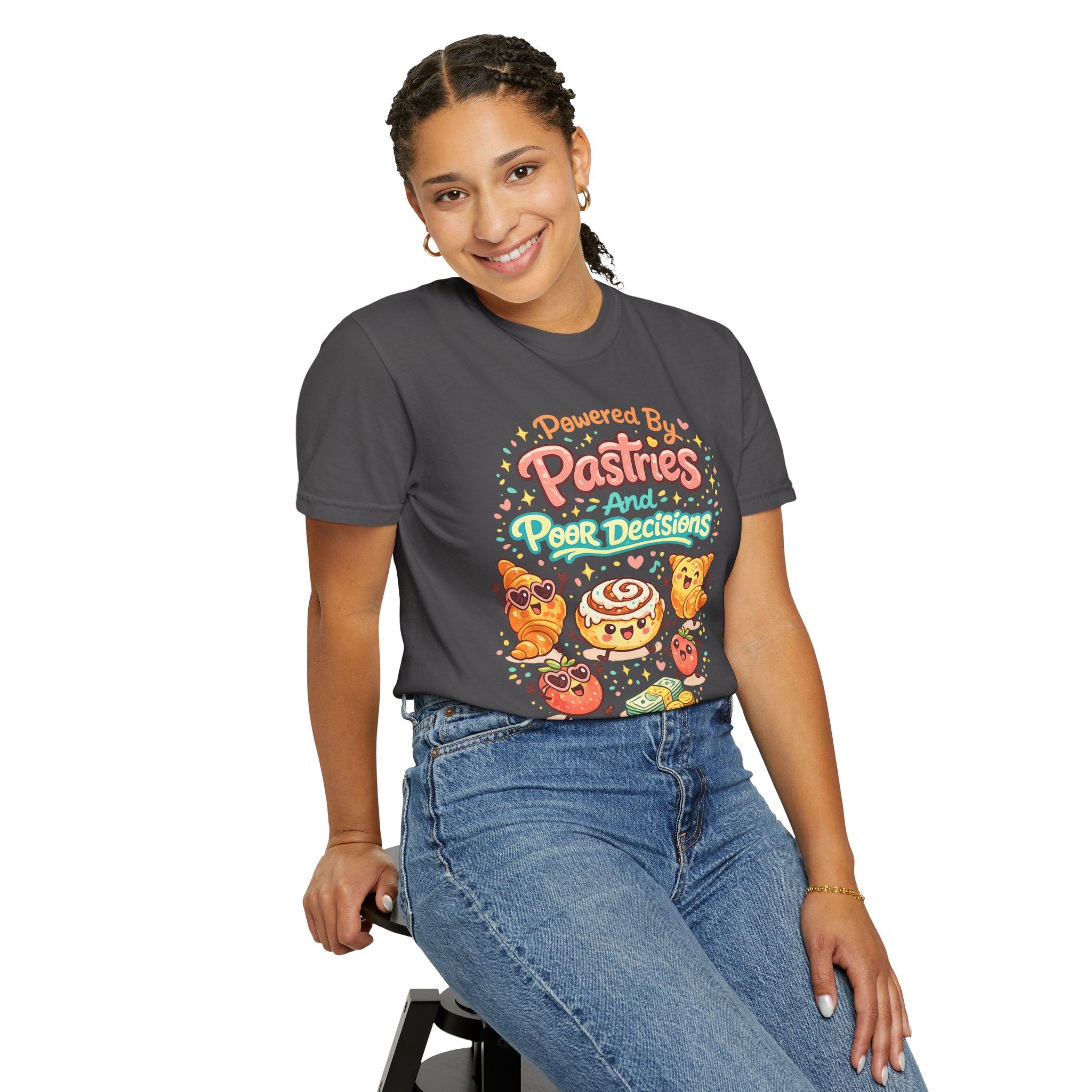 Pastry Power T-Shirt — “Powered by Pastries and Poor Decisions” Cute Baked Goods Graphic Tee