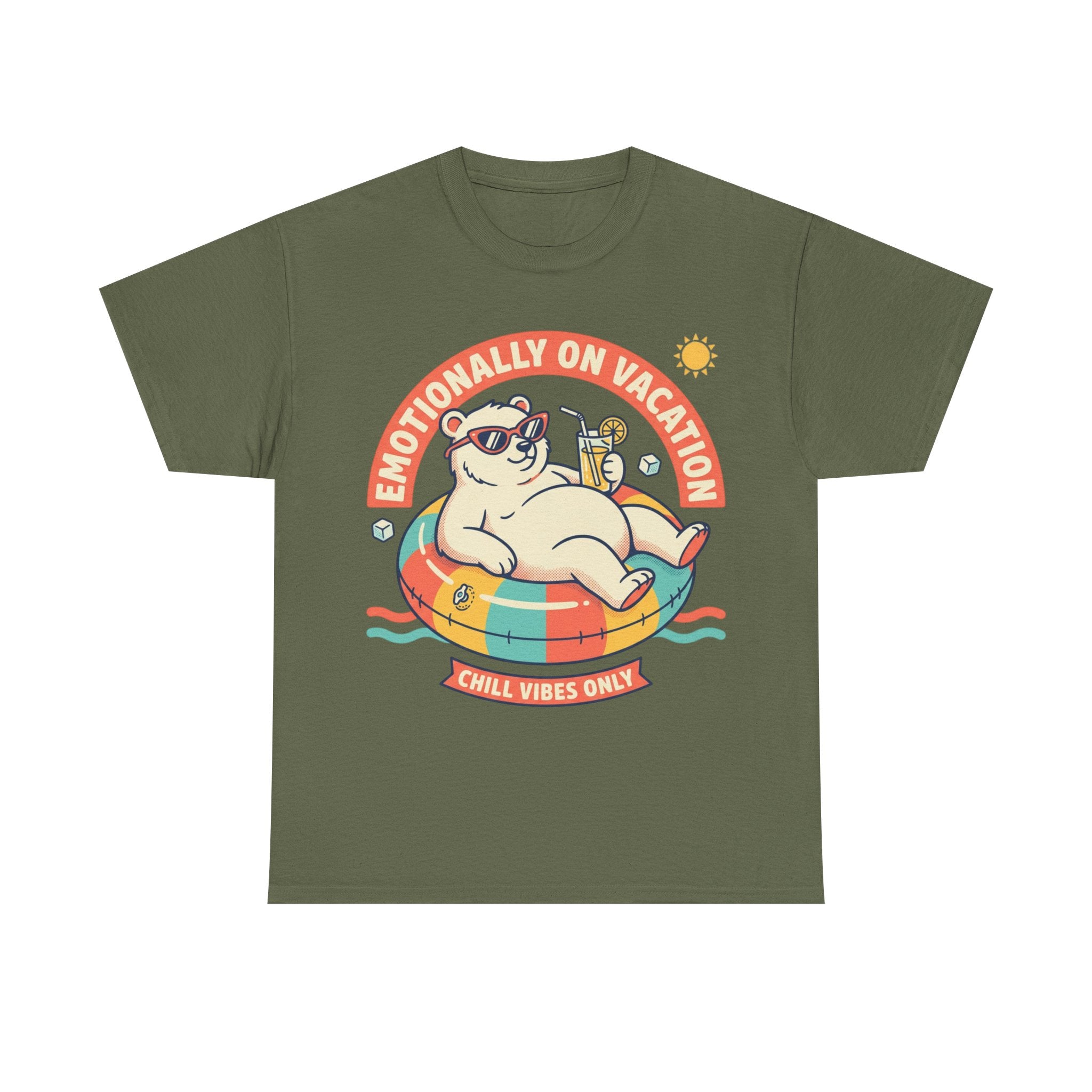 T-Shirt — "Emotionally On Vacation" Chill Vibes Tee (Back: Resting Rich Face)