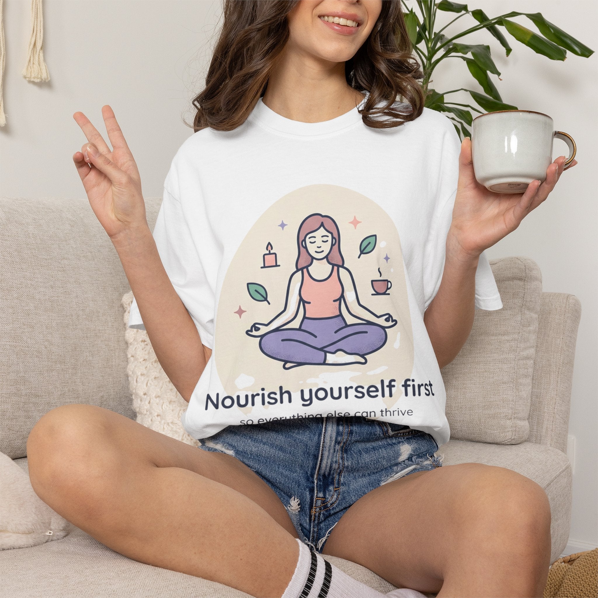 Self-Care T-Shirt — "Nourish Yourself First" Meditation Tee (Good Vibes Only)