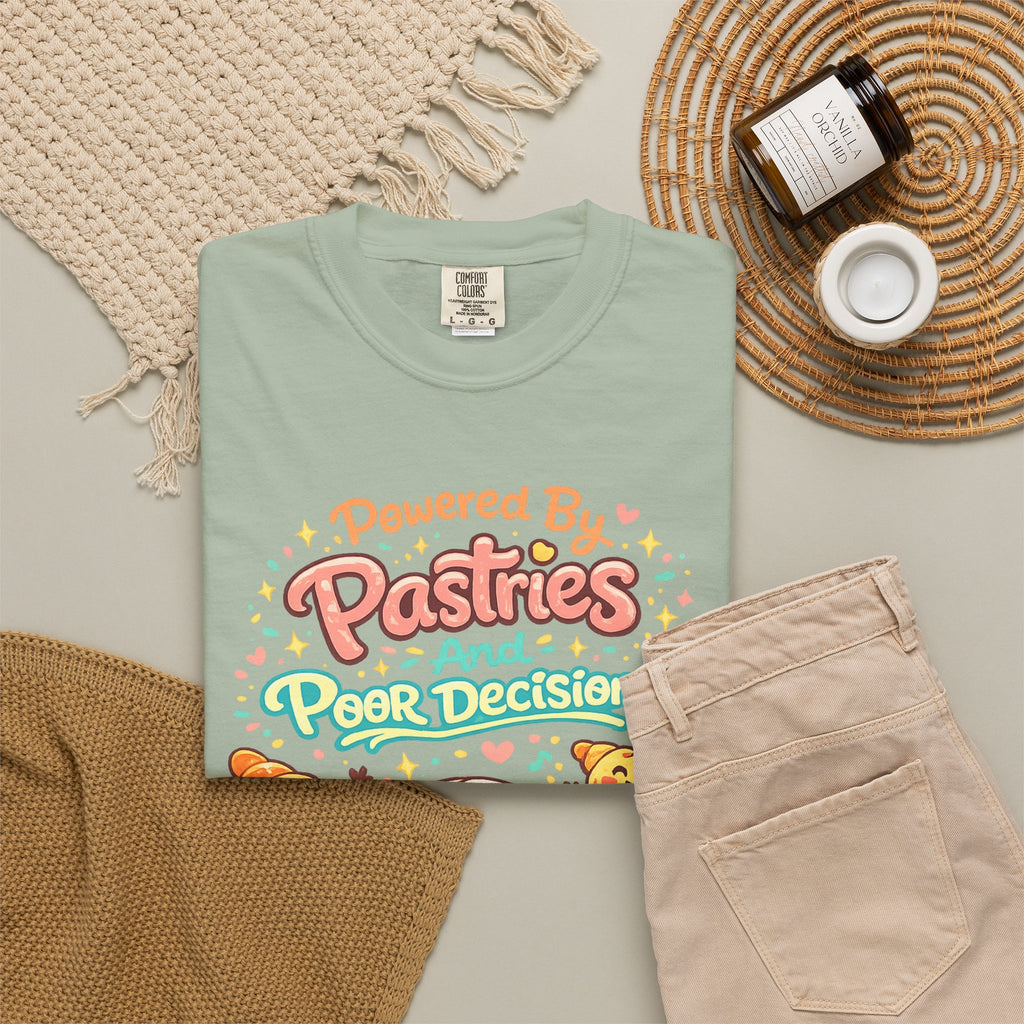 Pastry Power T-Shirt — “Powered by Pastries and Poor Decisions” Cute Baked Goods Graphic Tee