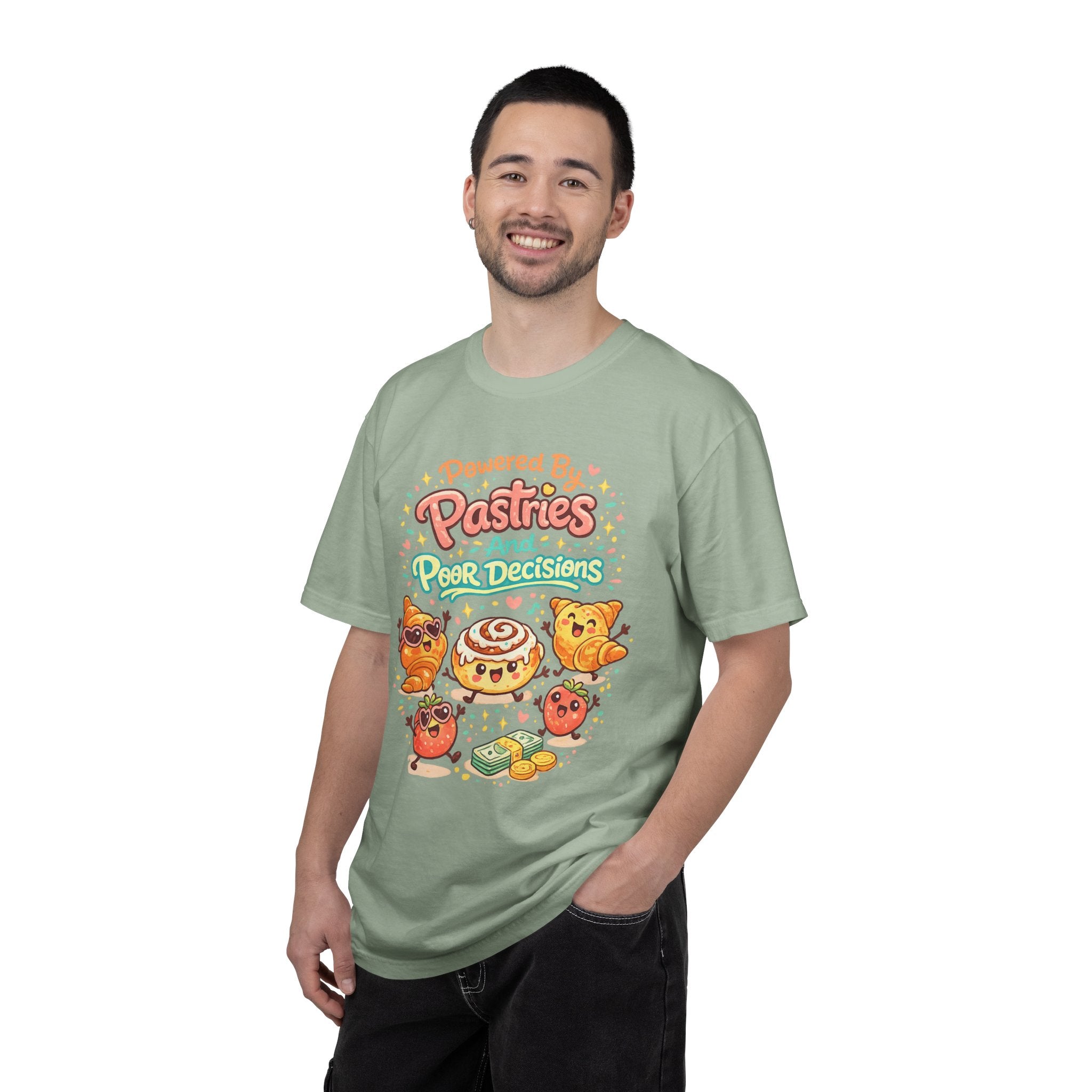 Pastry Power T-Shirt — “Powered by Pastries and Poor Decisions” Cute Baked Goods Graphic Tee
